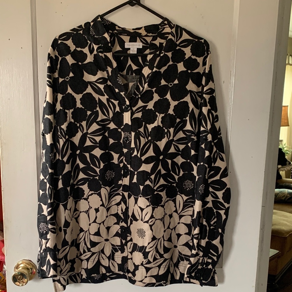 Charter Club Black and Cream Floral Linen Blouse Size 14